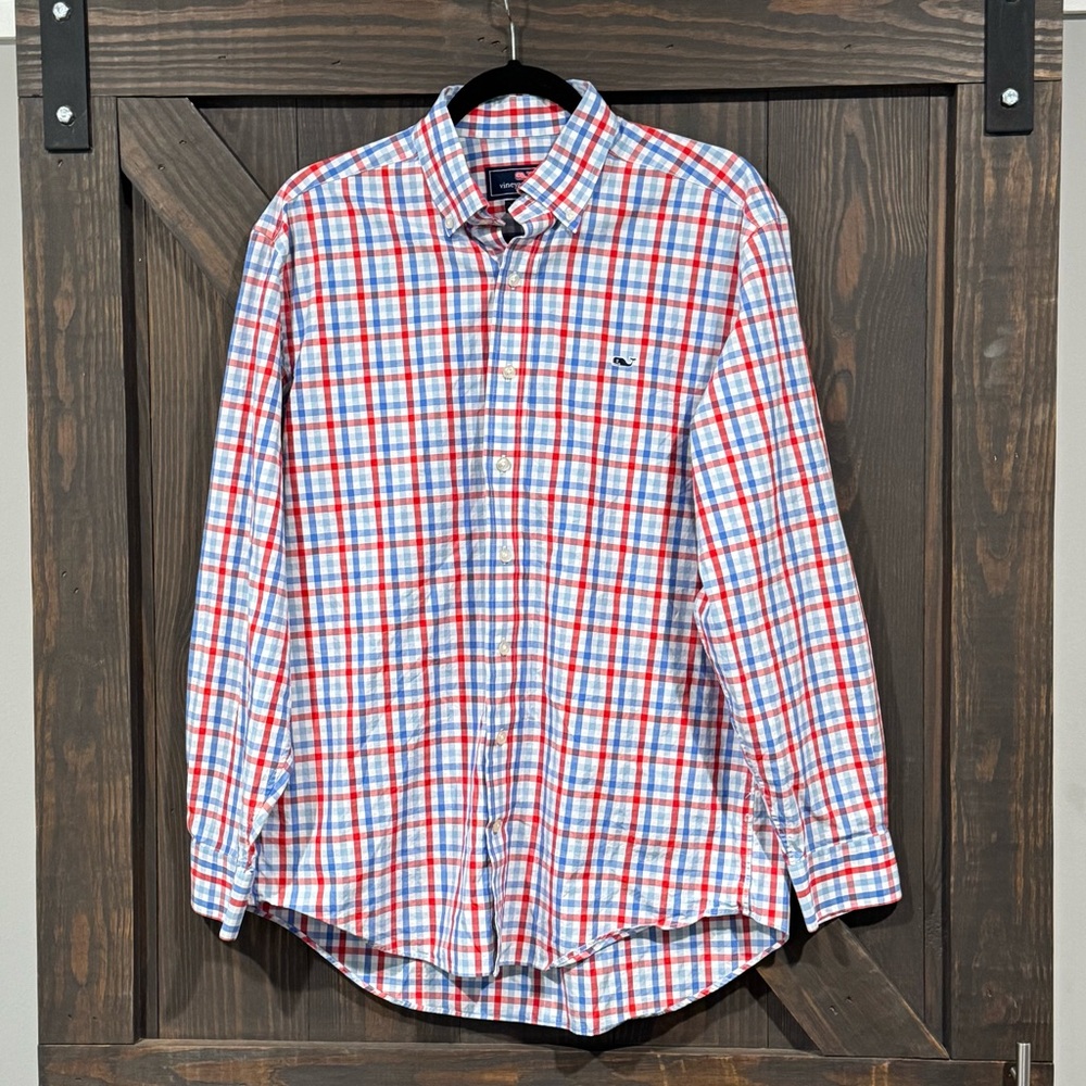 Vineyard Vines Red White & Blue Plaid‎ Long Sleeve Button Down Cotton Shirt Med